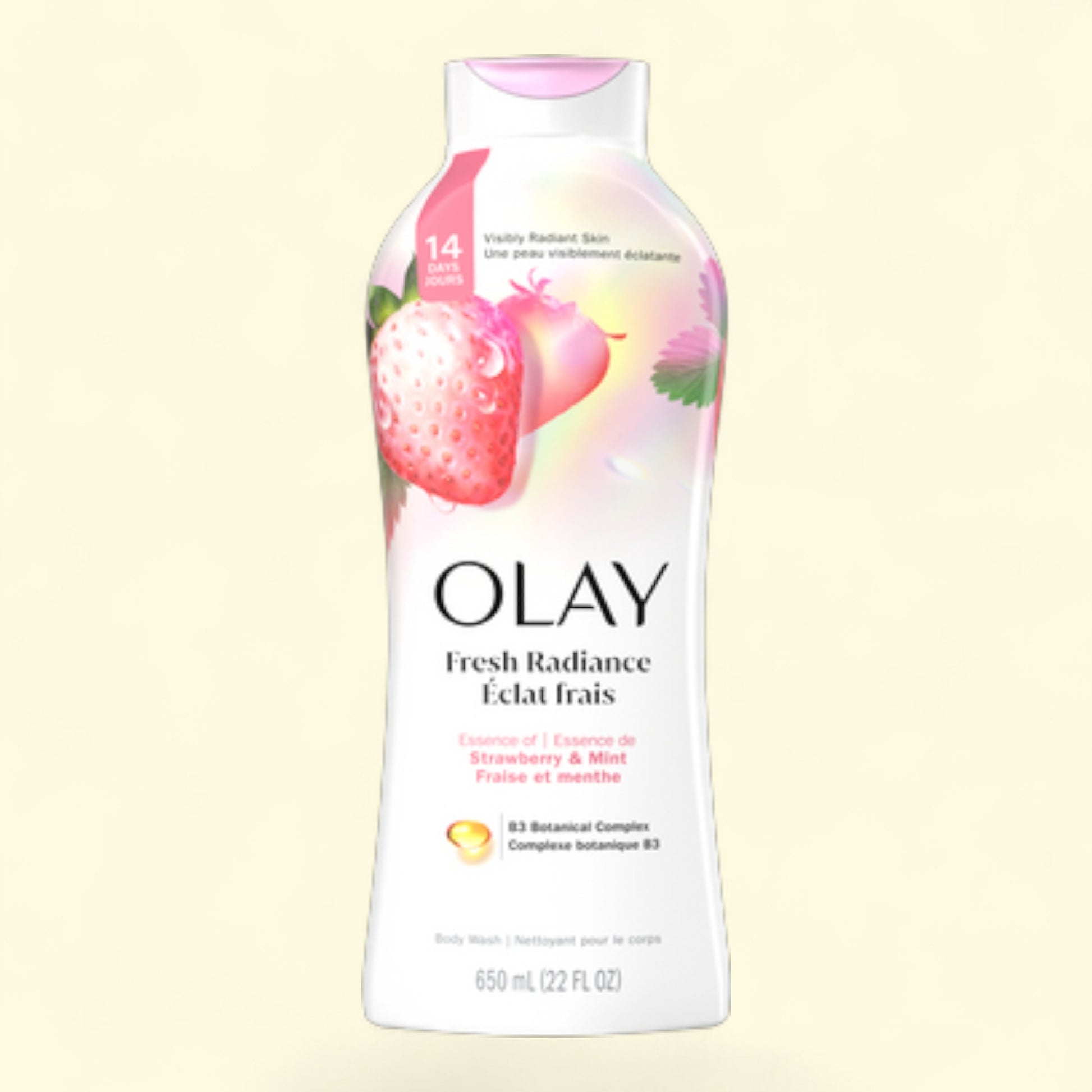 Olay Fresh Radiance body wash bottle with strawberry design on a light yellow background