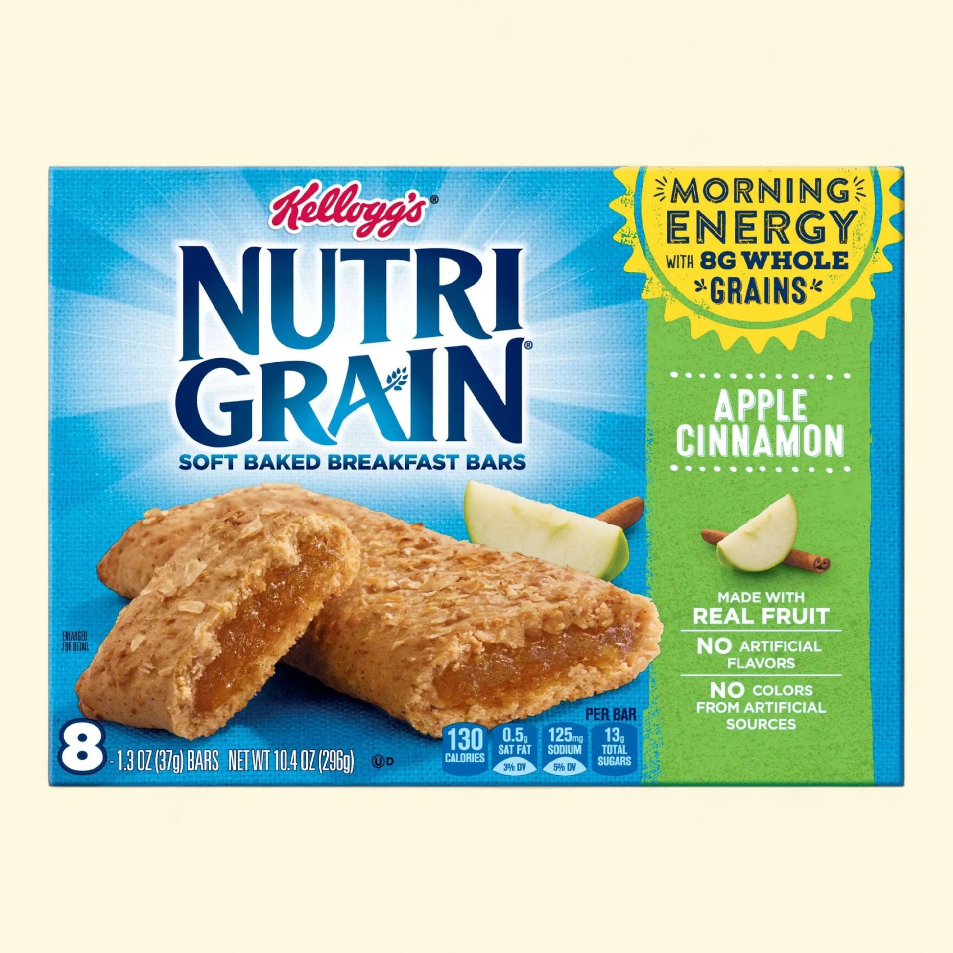 Box of Kellogg's Nutri-Grain Apple Cinnamon breakfast bars on a beige background