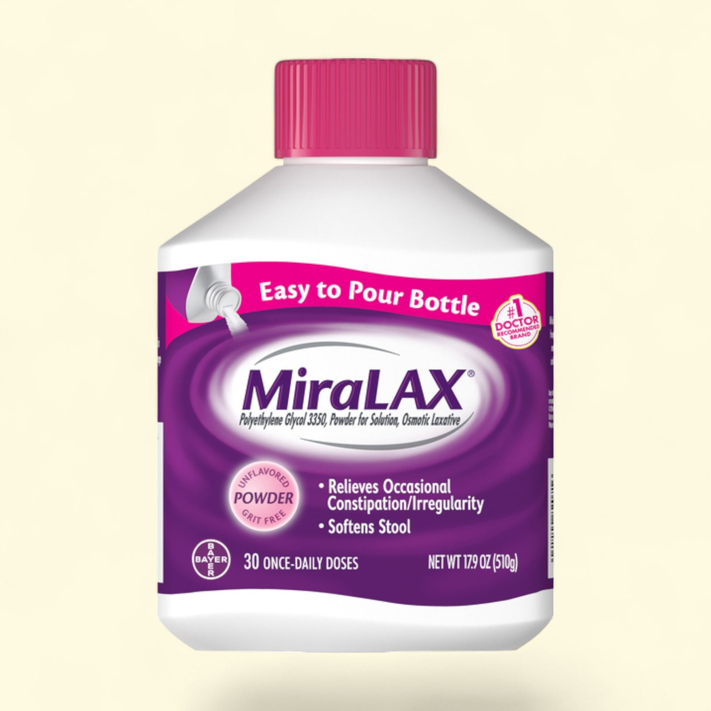 Miralax laxative bottle with purple cap and label on a beige background