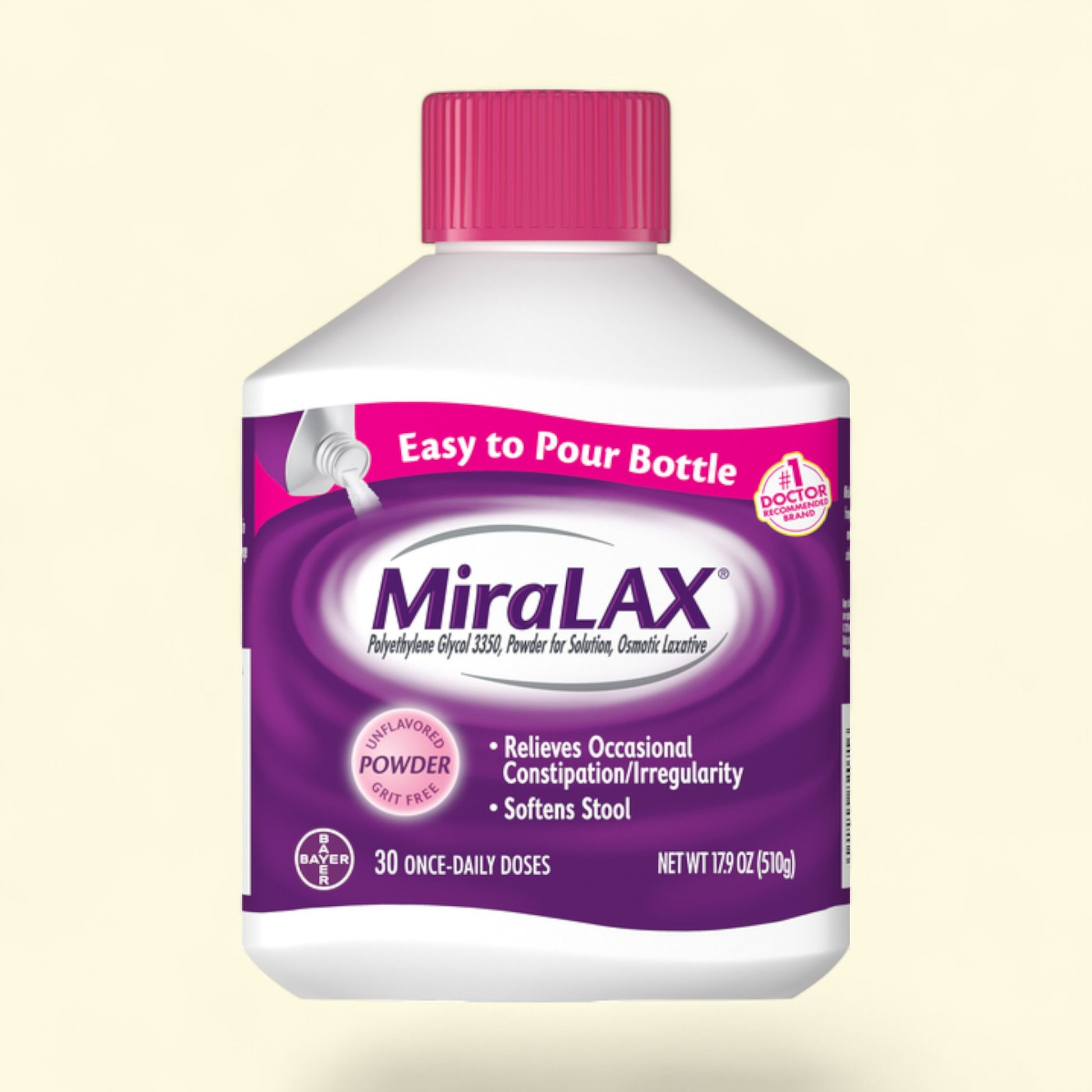 Miralax laxative bottle with purple cap and label on a beige background