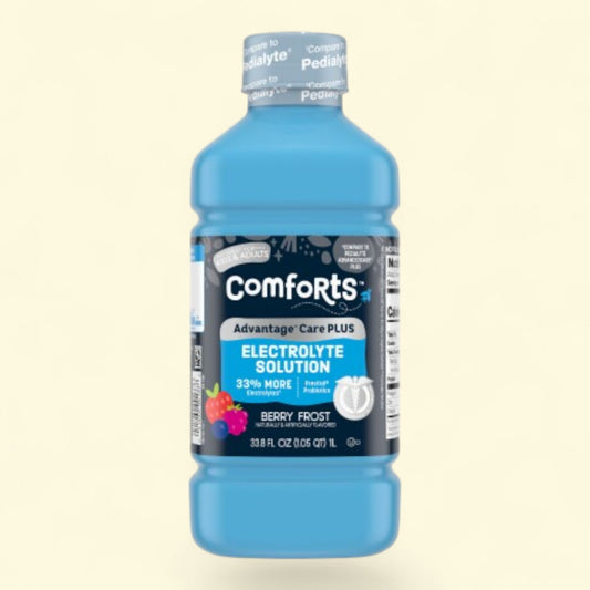 Blue bottle of Comforts Advantage Care Plus Electrolyte Solution on a beige background