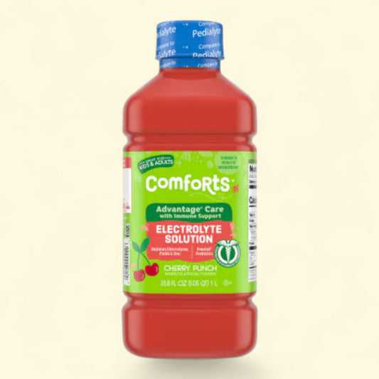 Bottle of Comforts Cherry Punch Electrolyte Solution on a beige background
