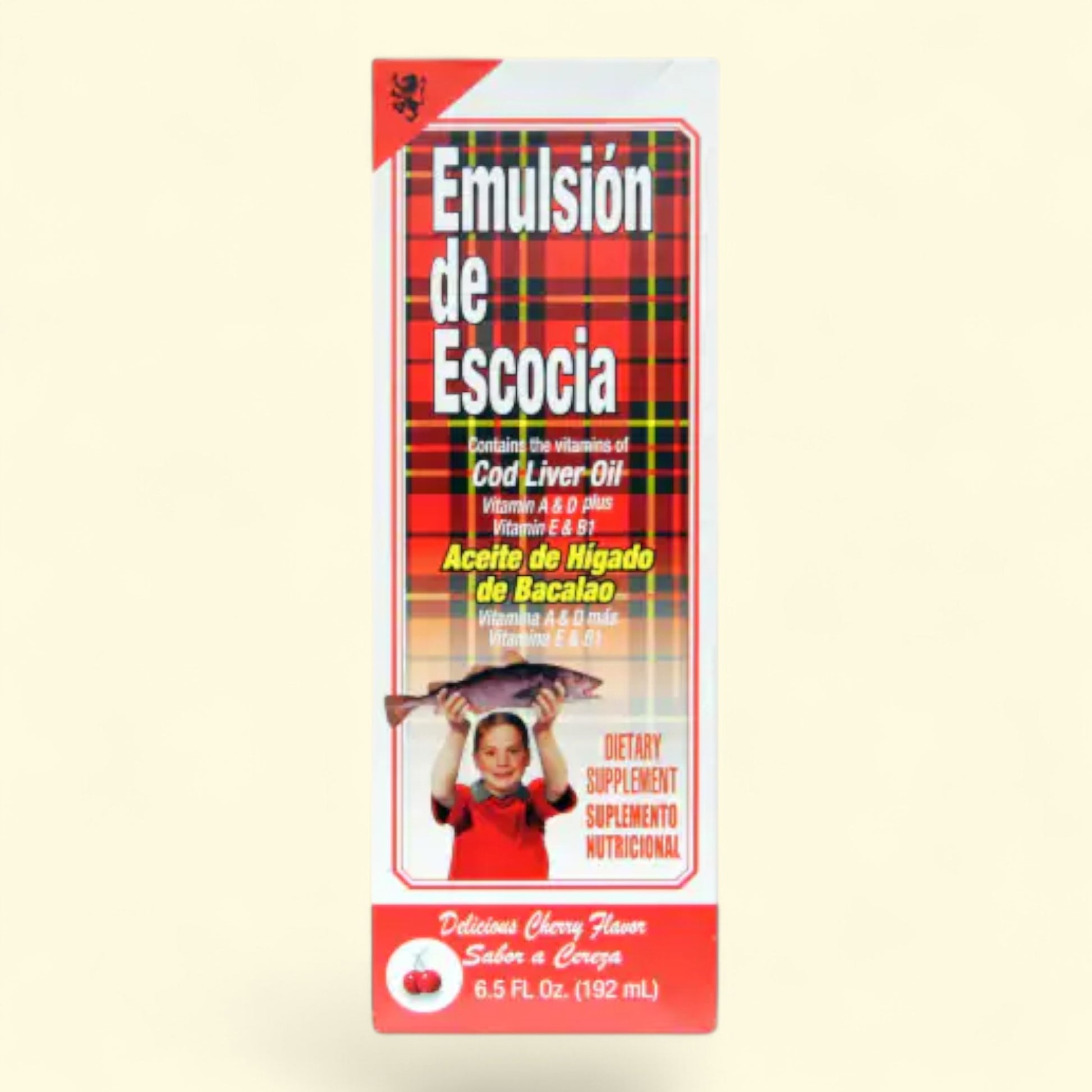 Vintage-style packaging of Emulsion de Escocia with a child holding a fish on a beige background