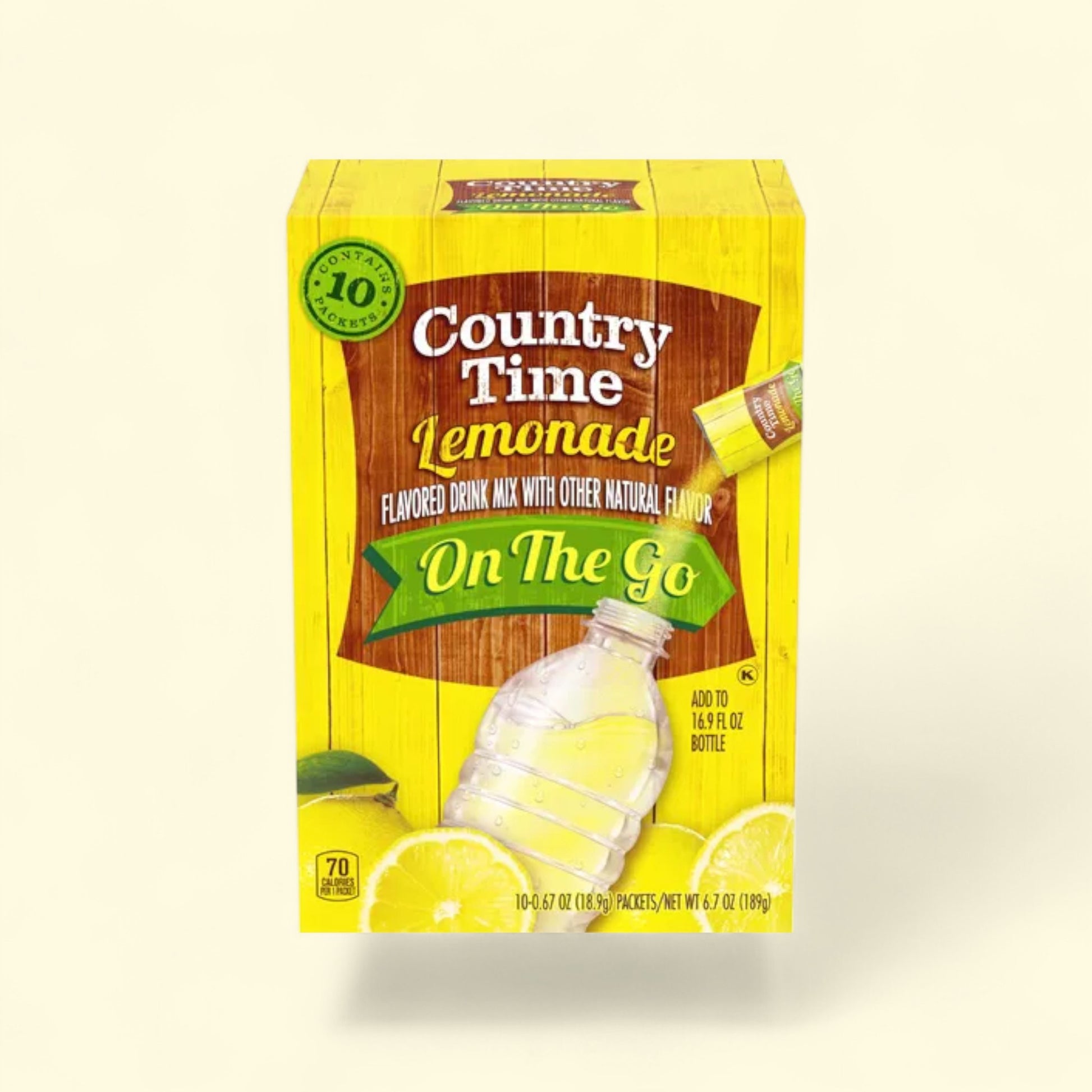 Country Time Lemonade On The Go drink mix packaging on a light beige background
