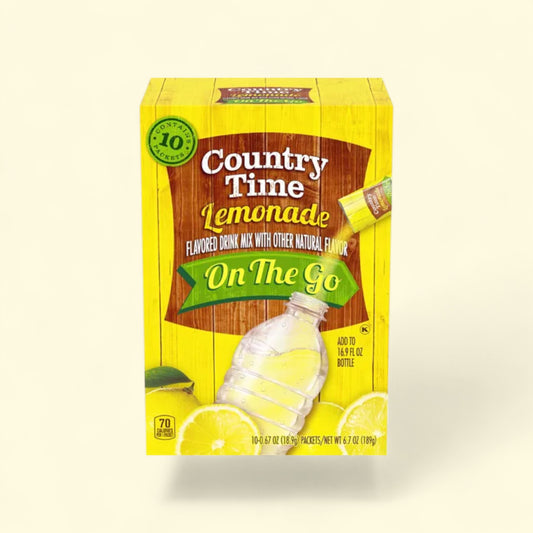 Country Time Lemonade On The Go drink mix packaging on a light beige background