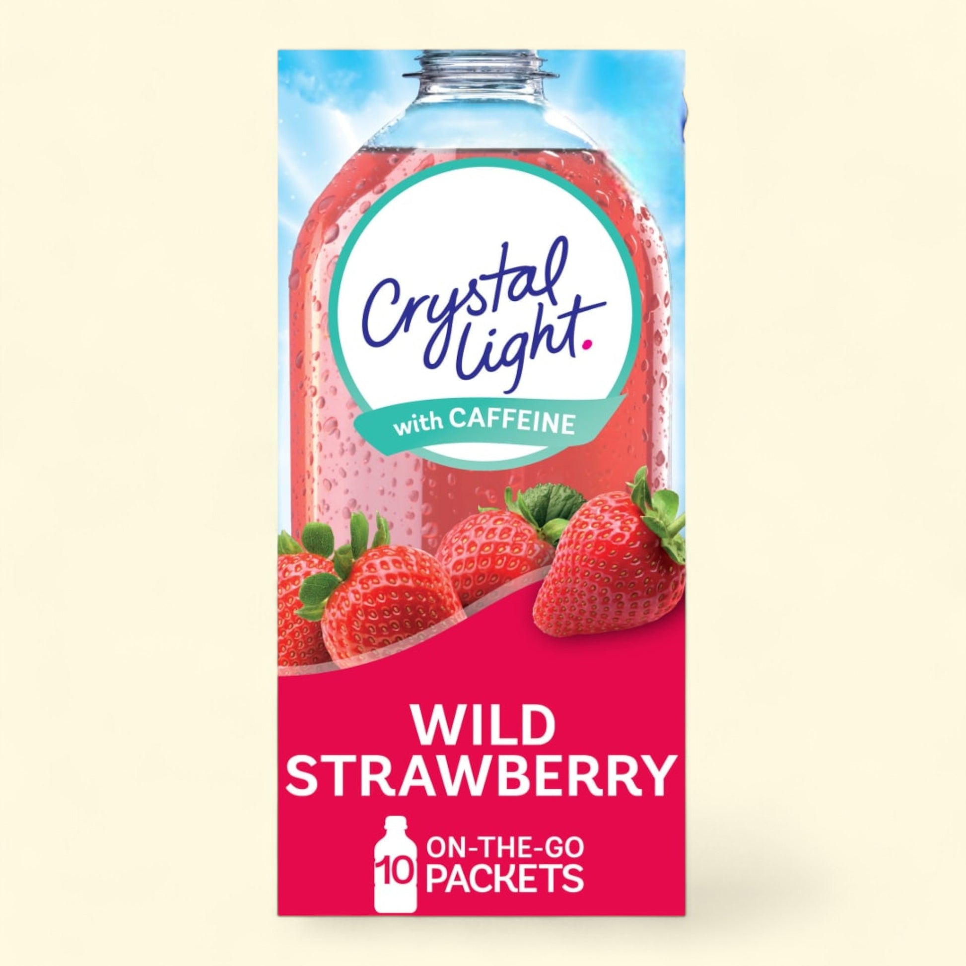 Crystal Light Wild Strawberry on-the-go packets packaging with strawberries and a clear bottle.