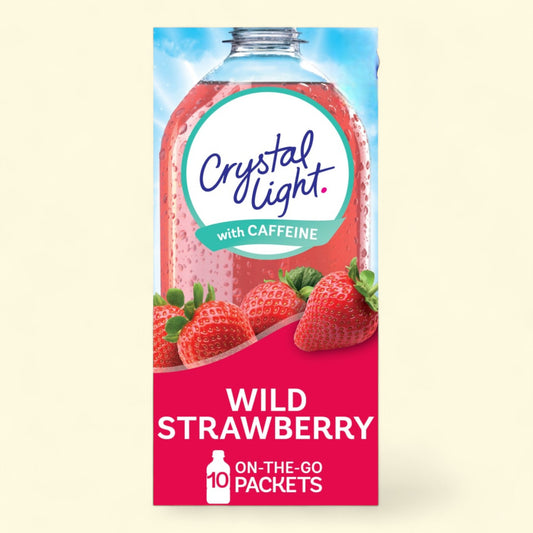 Crystal Light Wild Strawberry on-the-go packets packaging with strawberries and a clear bottle.