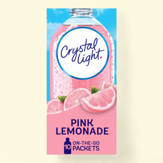 Crystal Light Pink Lemonade on-the-go packets packaging with pink lemon slices.