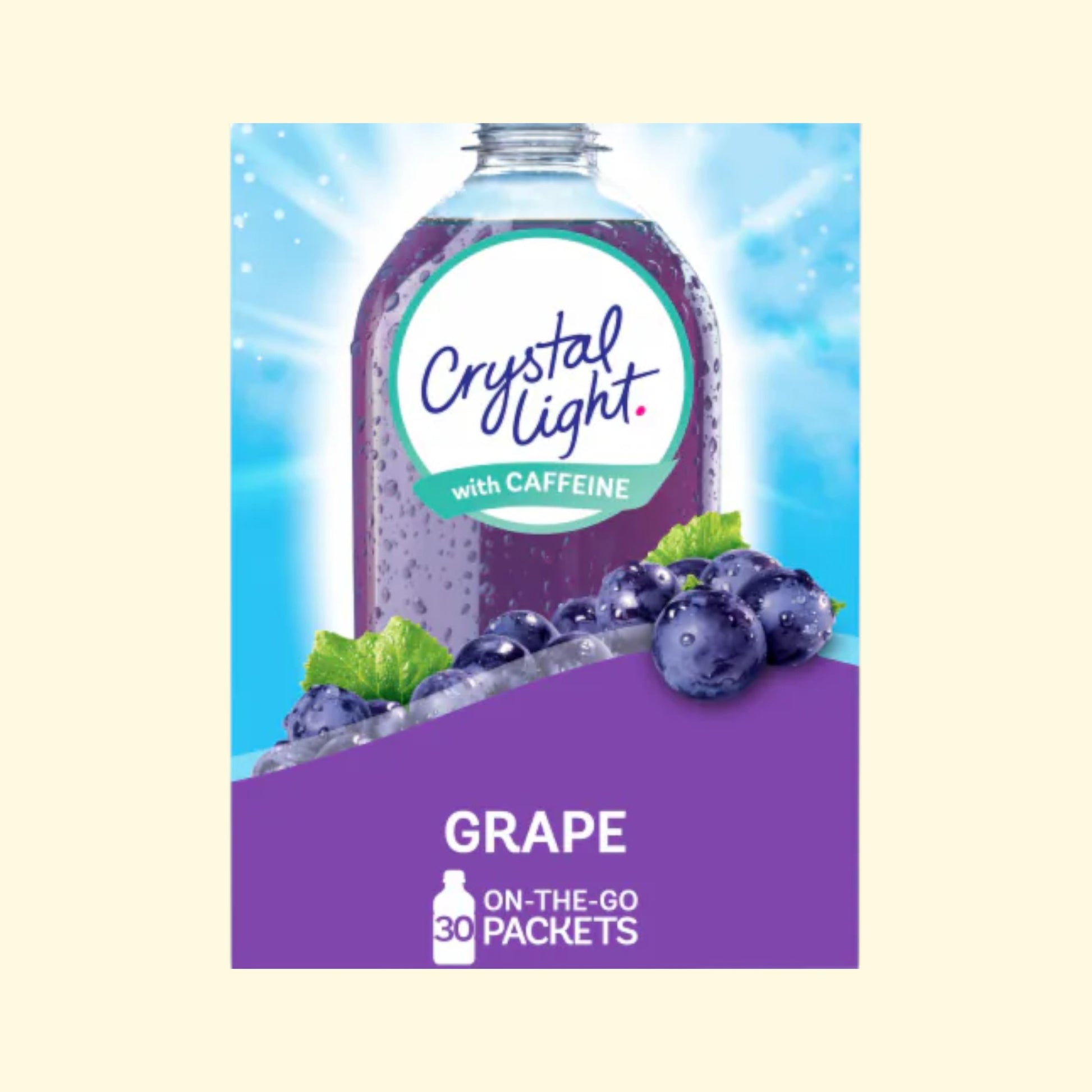 Crystal Light grape flavor with caffeine packaging on a light beige background