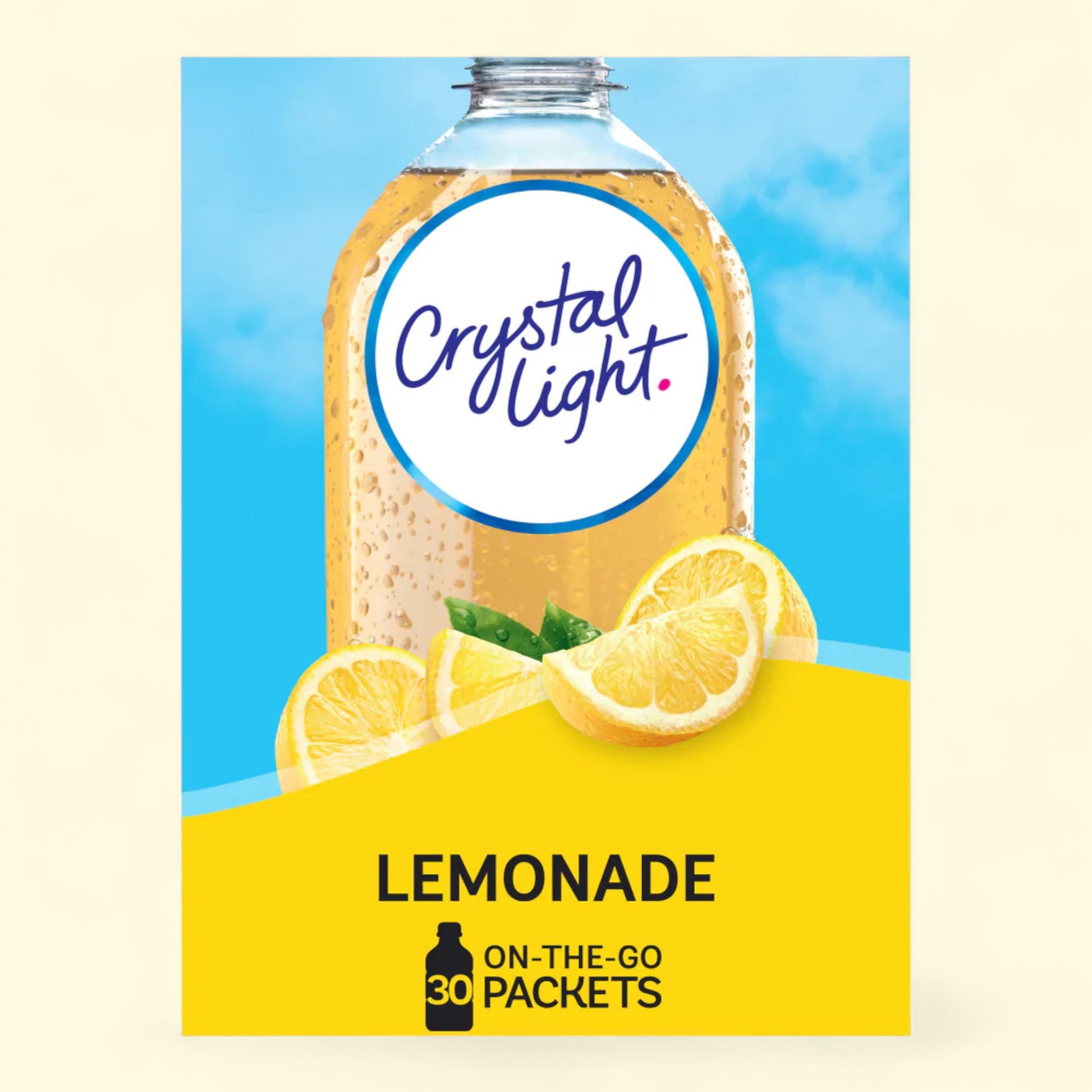 Crystal Light lemonade packaging with lemons and a blue background