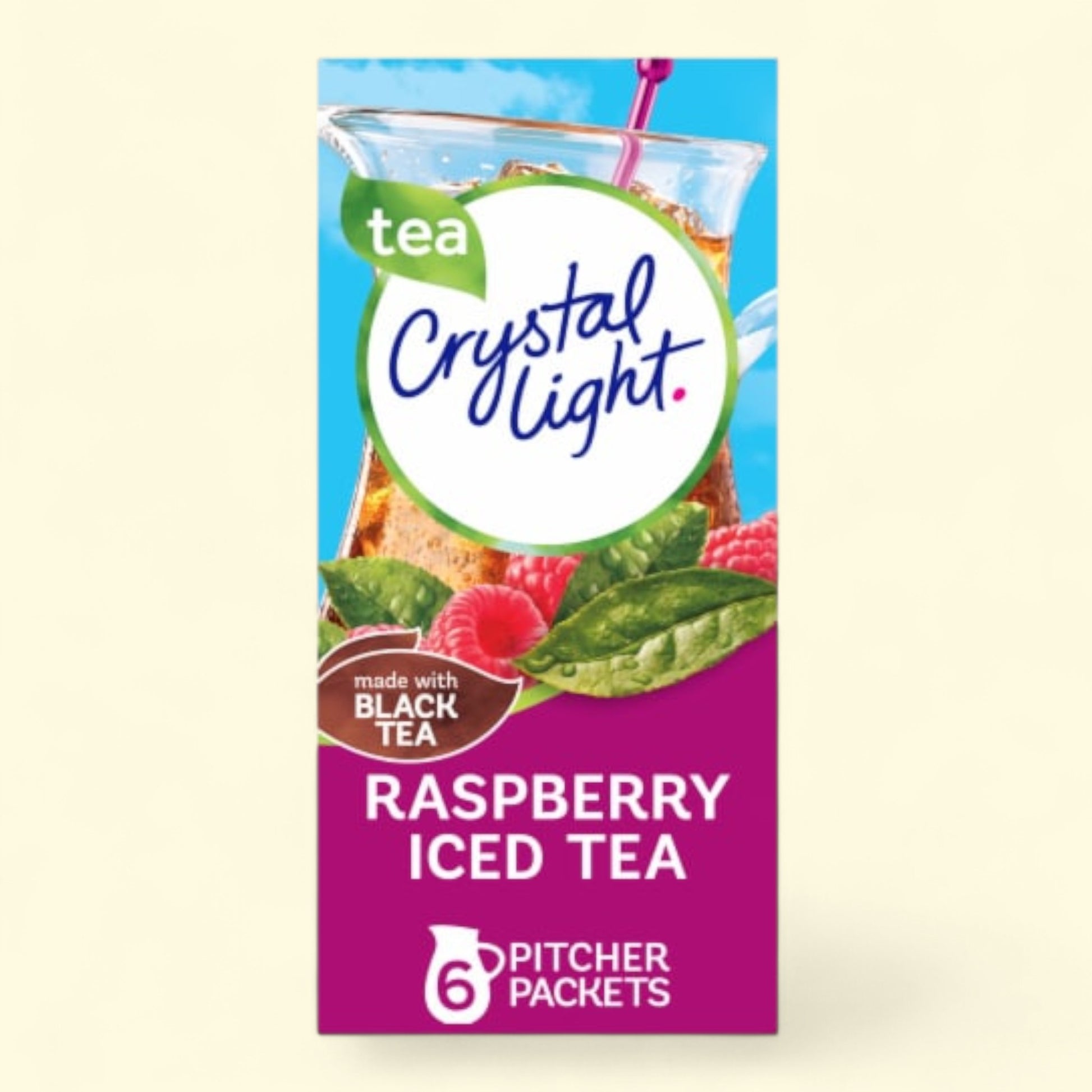 Crystal Light Raspberry Iced Tea packet on a beige background