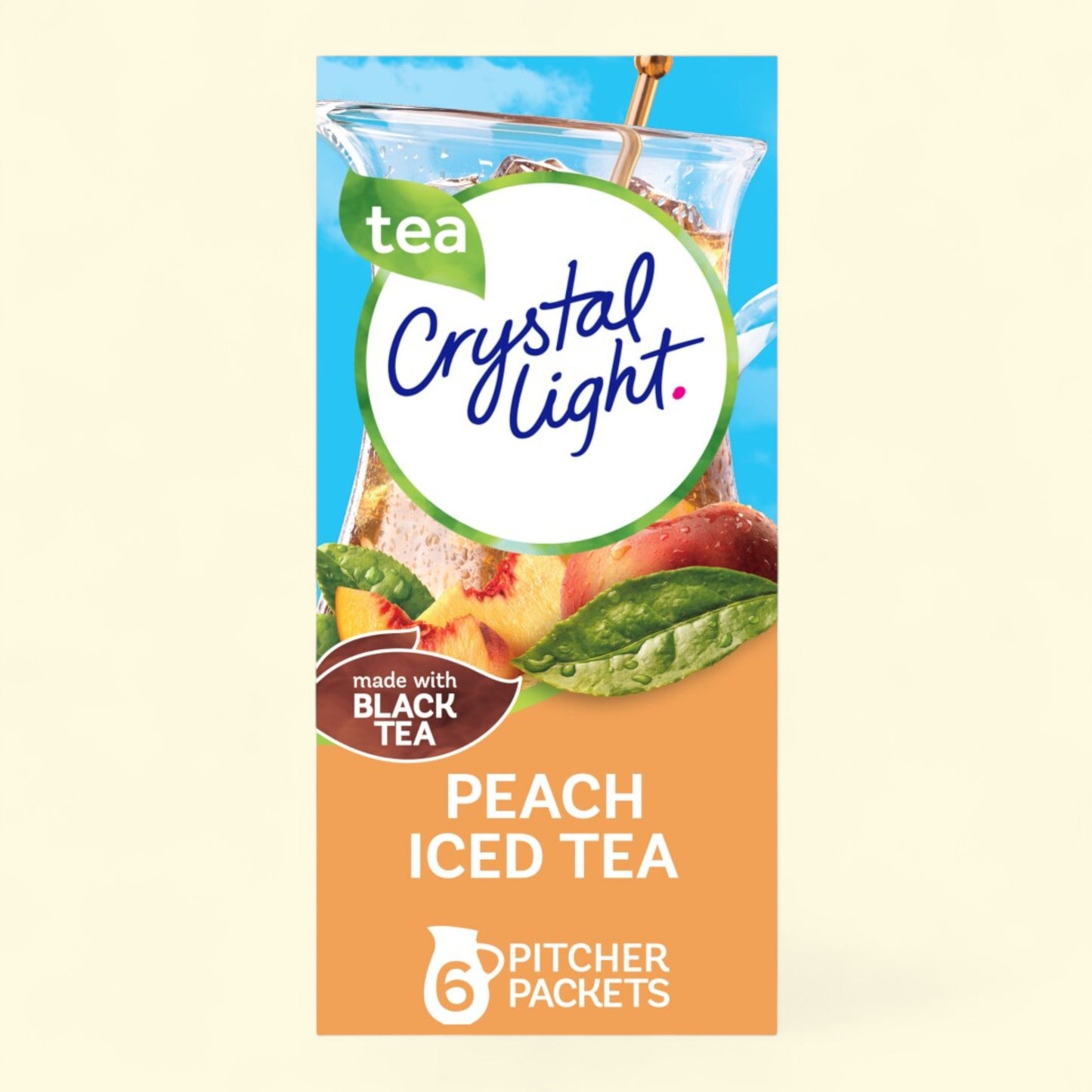 Crystal Light Peach Iced Tea packet on a beige background