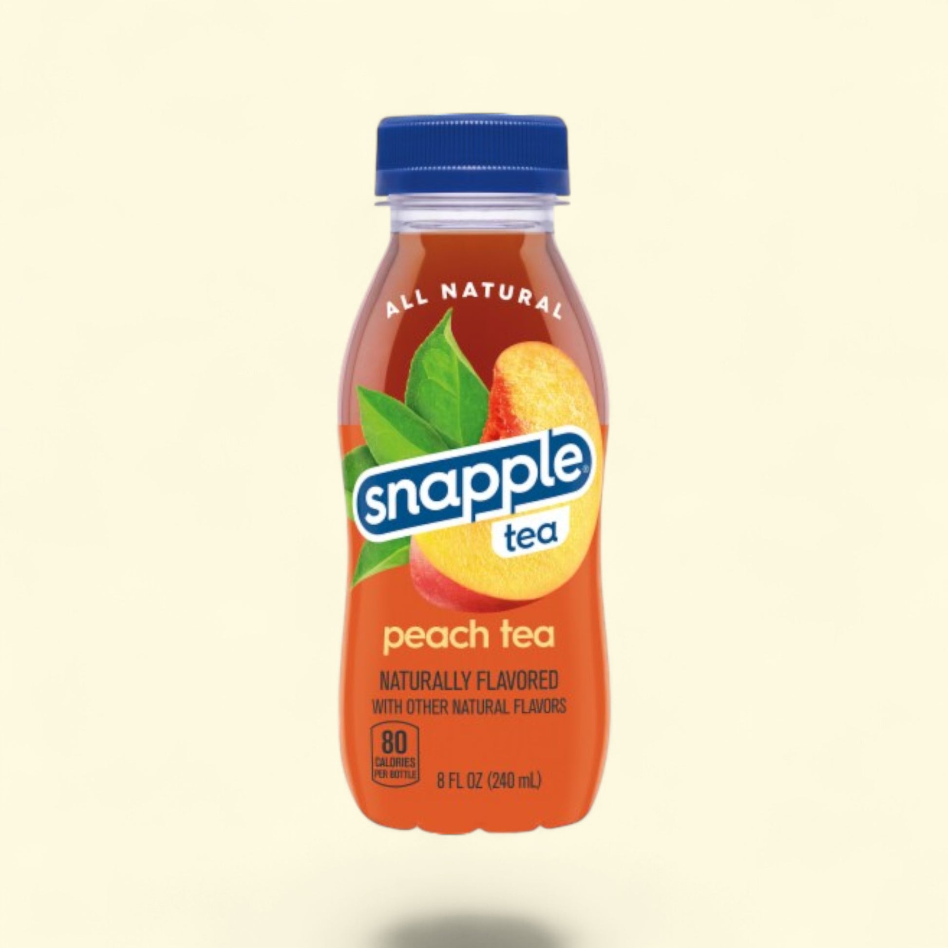 Snapple peach tea bottle on a beige background