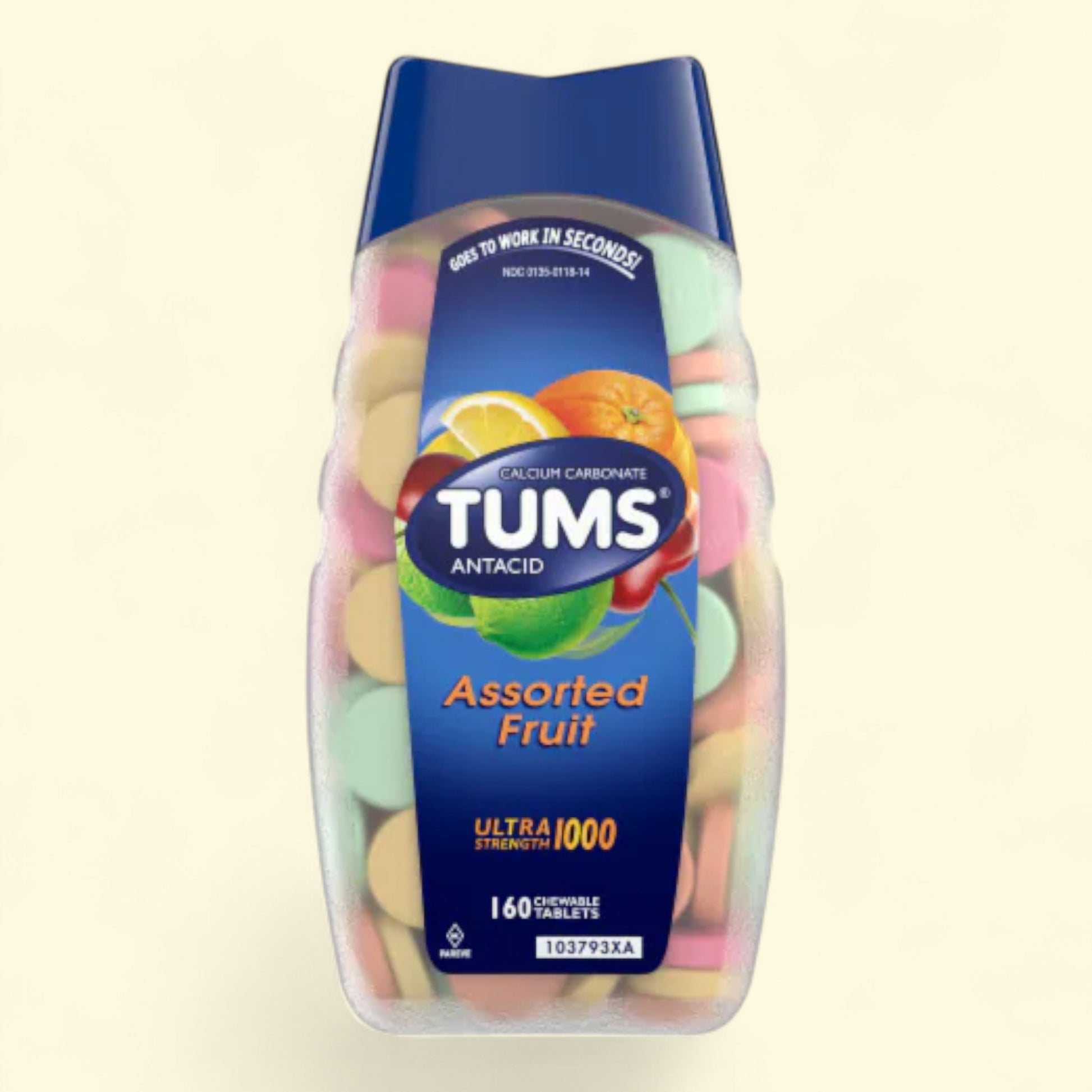 TUMS Assorted Fruit antacid packaging on a beige background