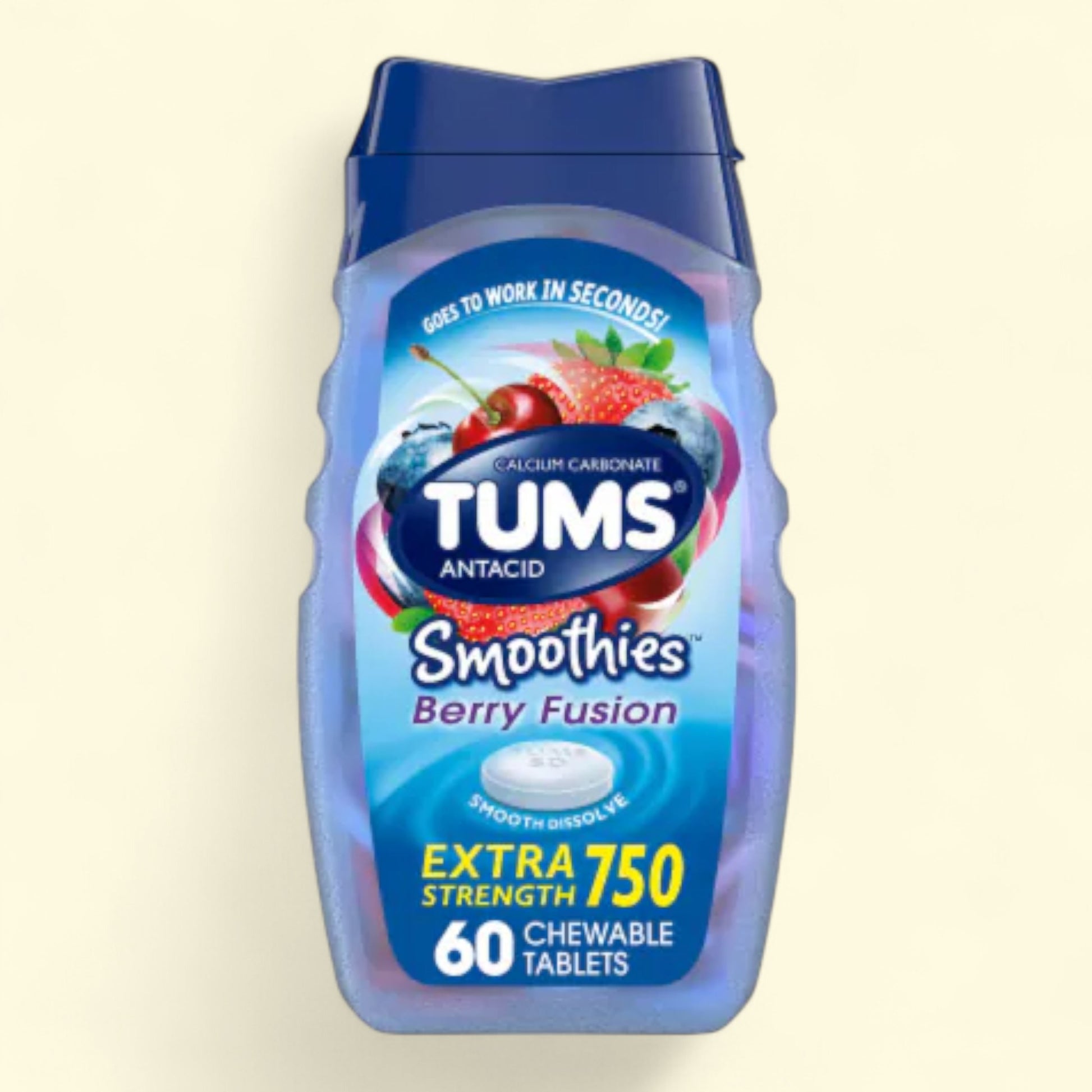 TUMS Antacid Smoothies Berry Fusion bottle on a beige background