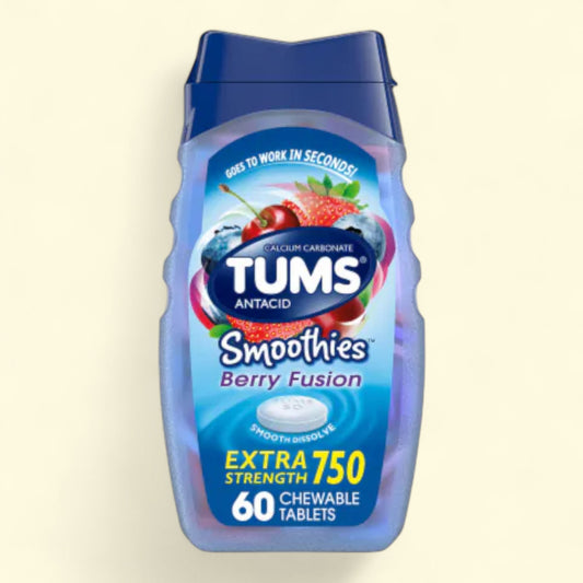 TUMS Antacid Smoothies Berry Fusion bottle on a beige background