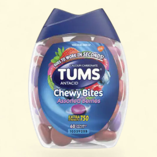 TUMS Chewy Bites Assorted Berries antacid packaging on a beige background
