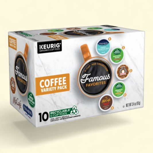 Keurig coffee variety pack famous favorites box on a beige background