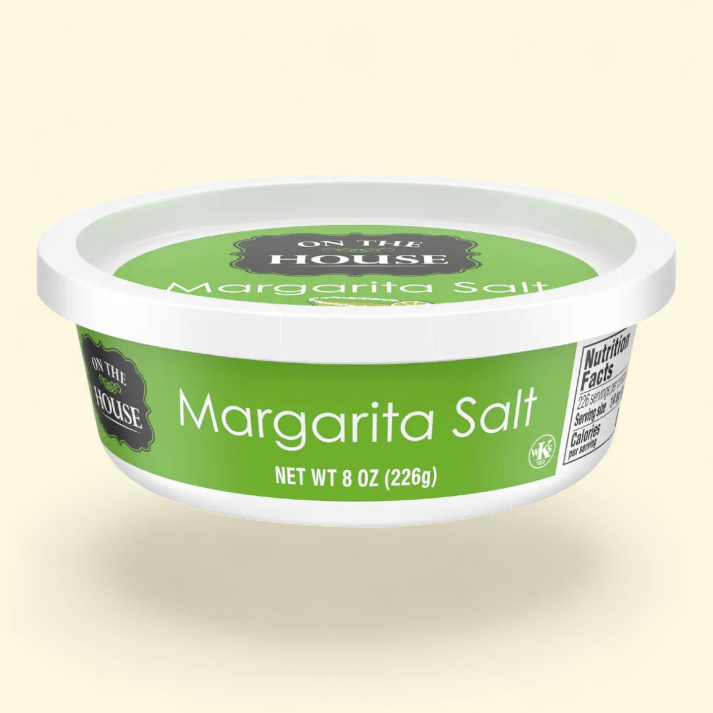 Container of 'On the House' Margarita Salt on a beige background