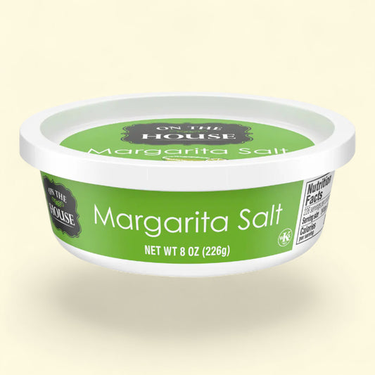 Container of 'On the House' Margarita Salt on a beige background
