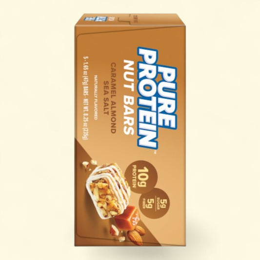 Pure Protein Nut Bars with caramel almond sea salt flavor on a beige background