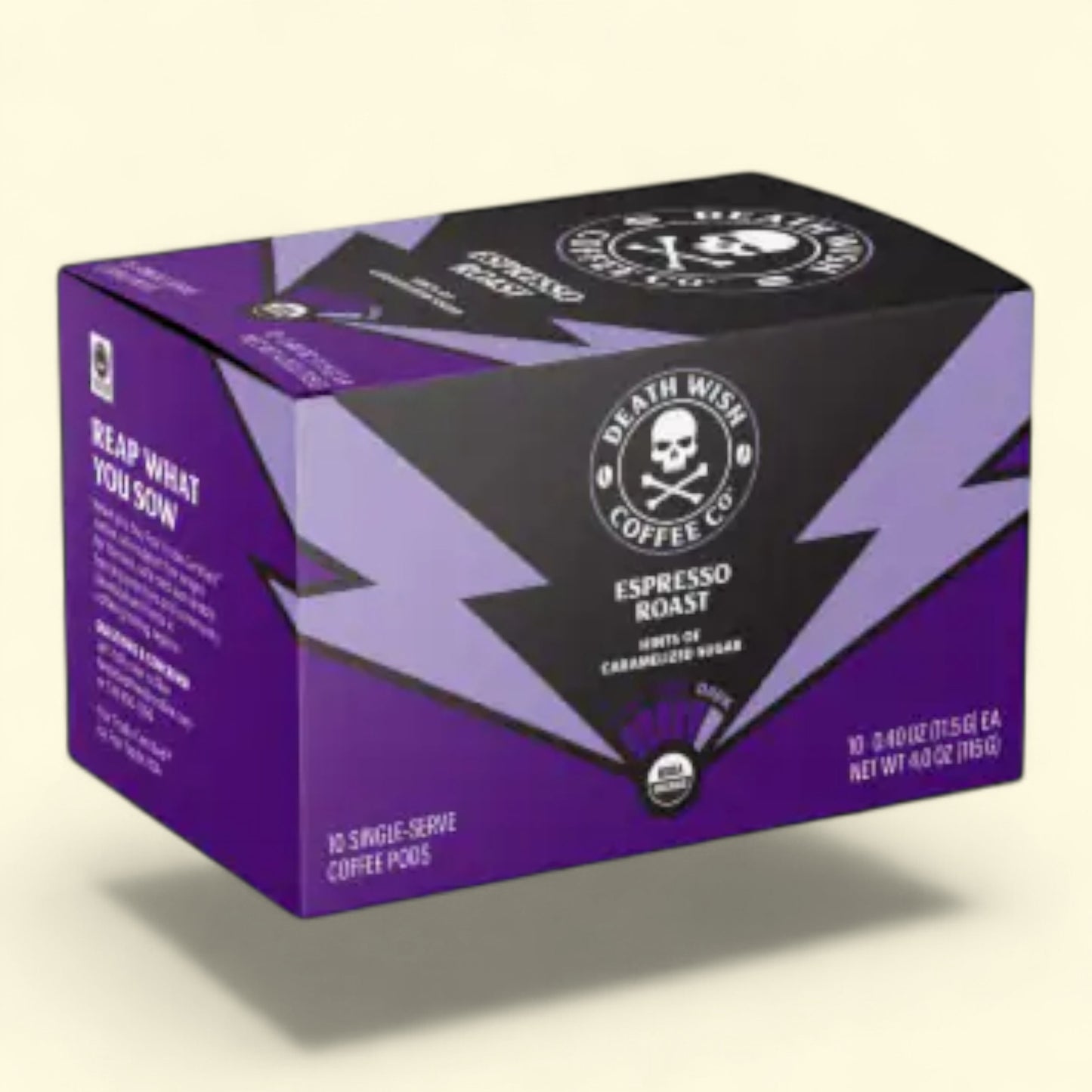 Purple and black box of Death Wish Coffee Co. Espresso Roast coffee pods on a beige background