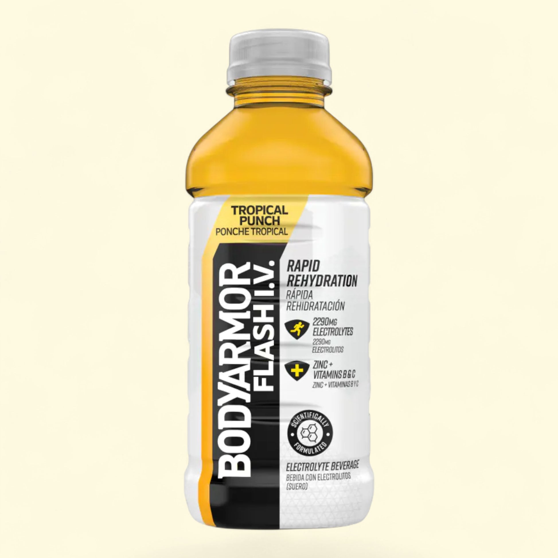 BODYARMOR Flash I.V. Tropical Punch bottle on a beige background
