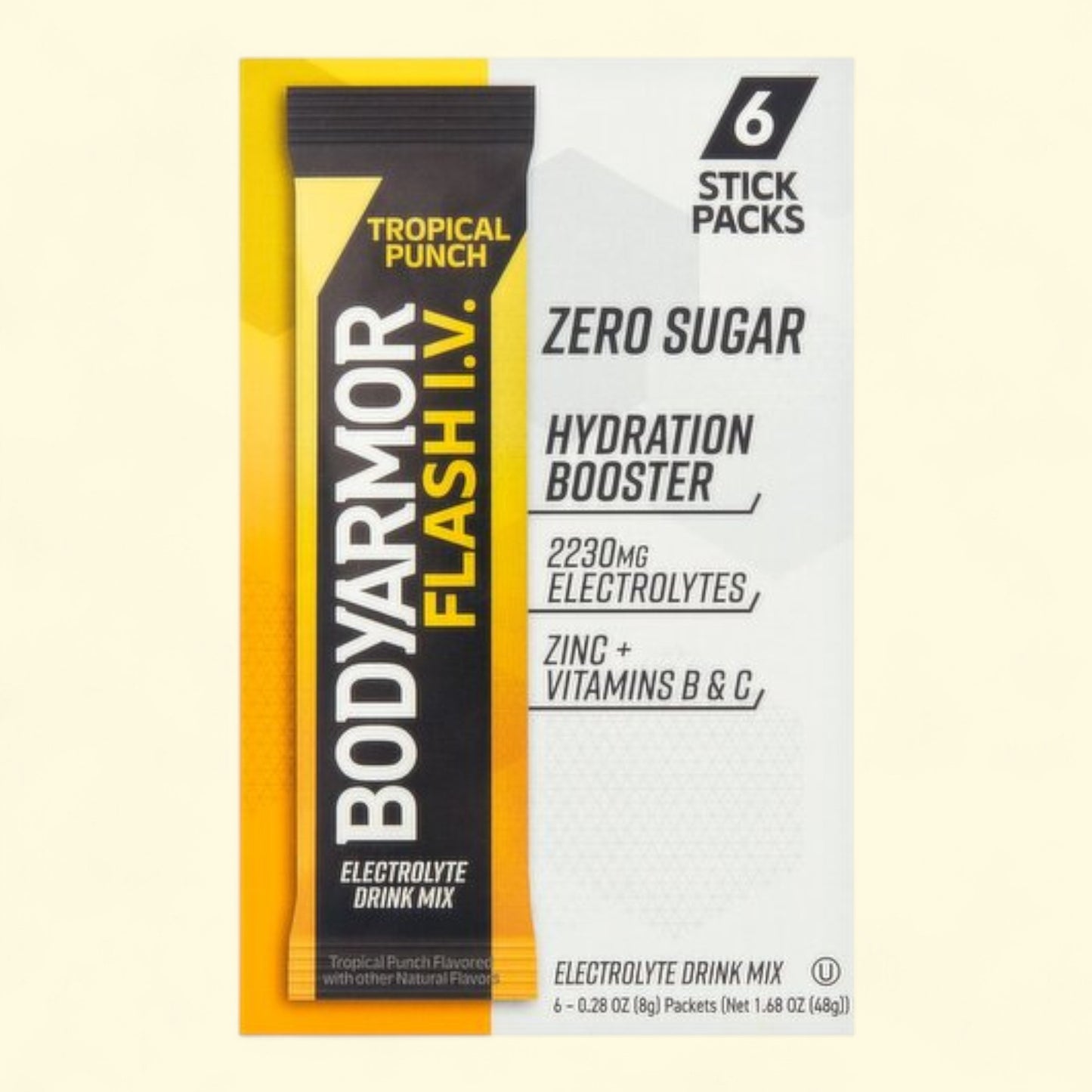 BodyArmor Flash I.V. Tropical Punch hydration booster package on a beige background