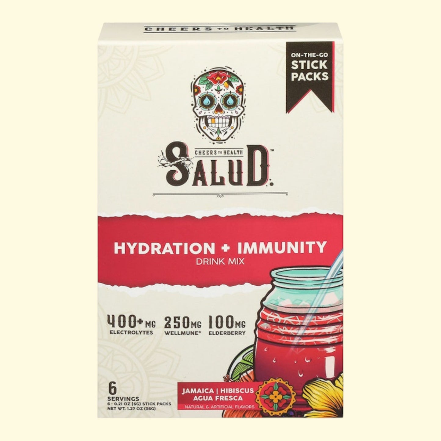 Box of Salud Hydration + Immunity Drink Mix on a beige background