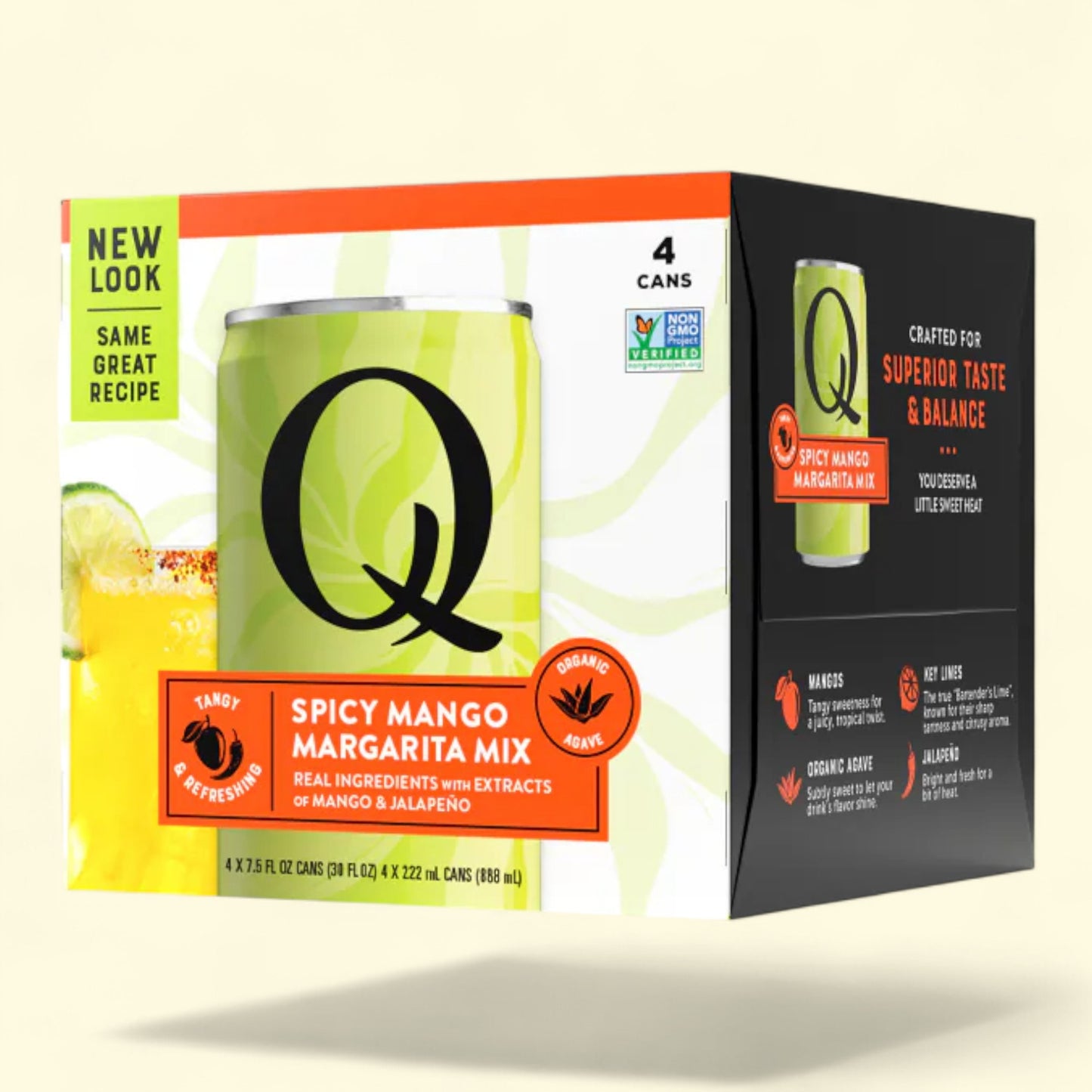 Q Spicy Mango Margarita Mix packaging with a can and box on a white background
