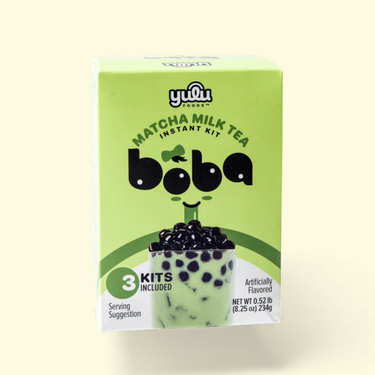 Green box of Yulu Boba Matcha Milk Tea Instant Kit on a white background