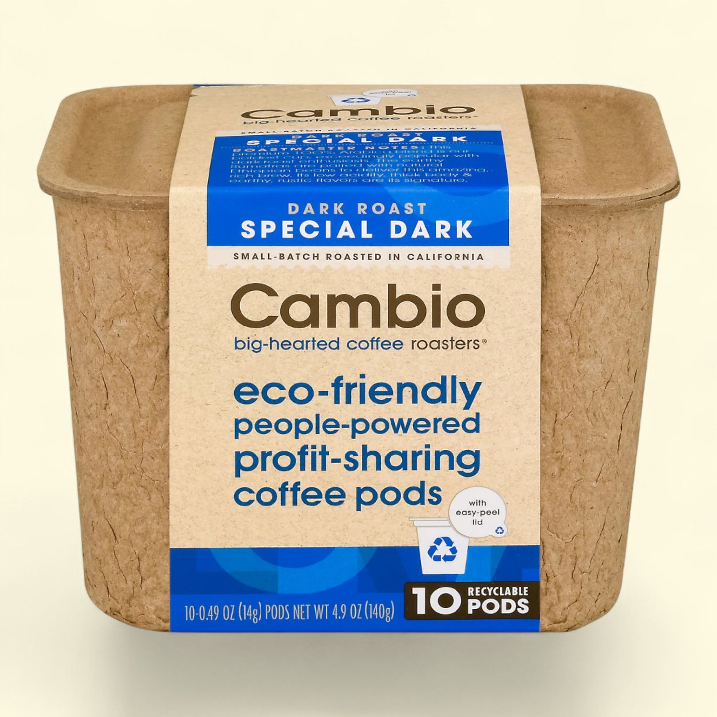 Cambio coffee roasters pods packaging with a beige and blue design on a beige background