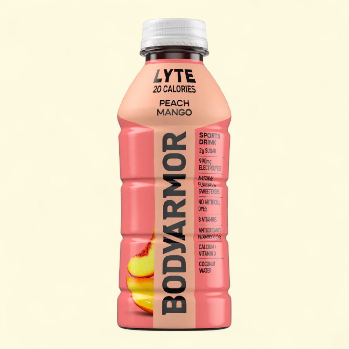BodyArmor sports drink bottle with peach mango flavor on a beige background