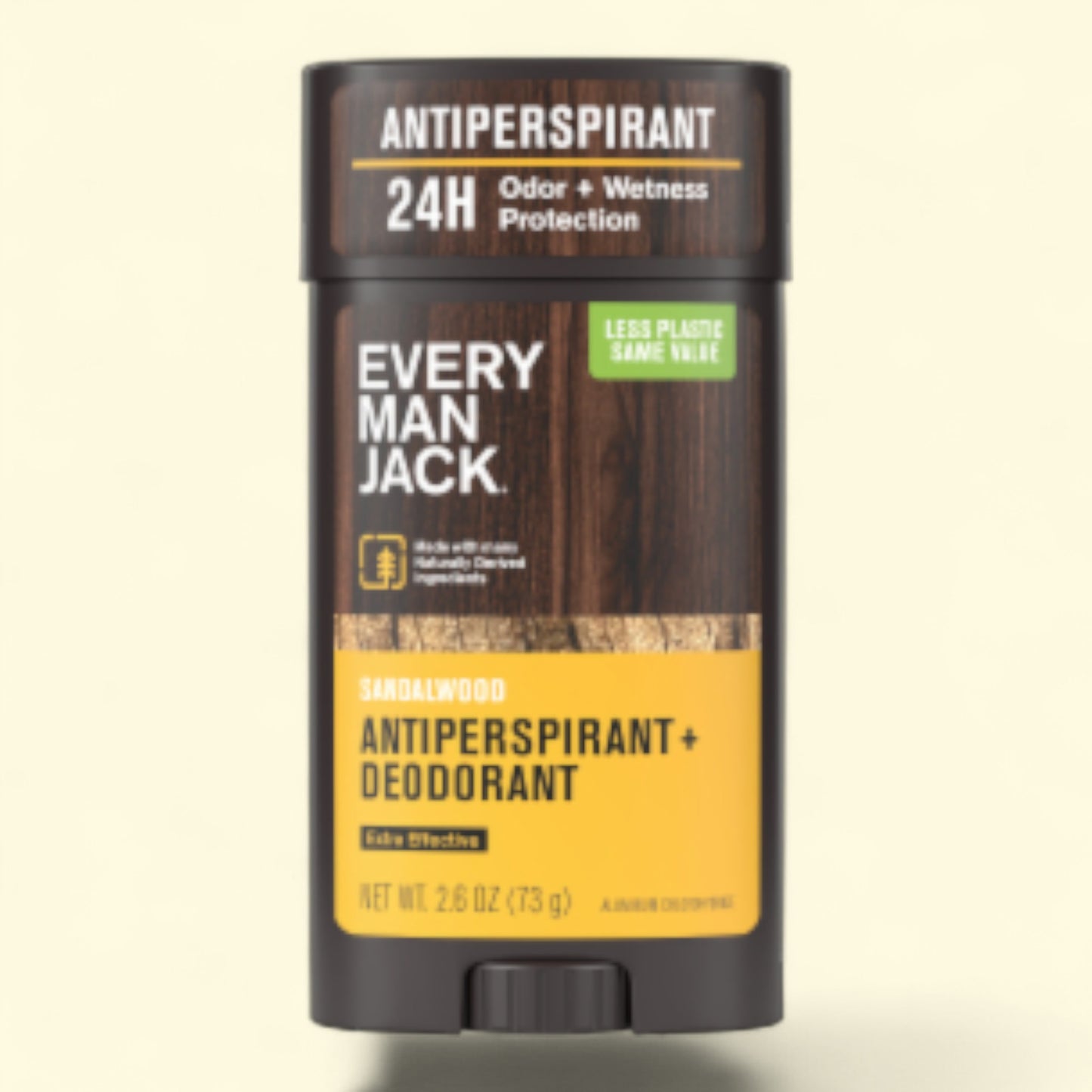 Every Man Jack antiperspirant deodorant stick on a beige background