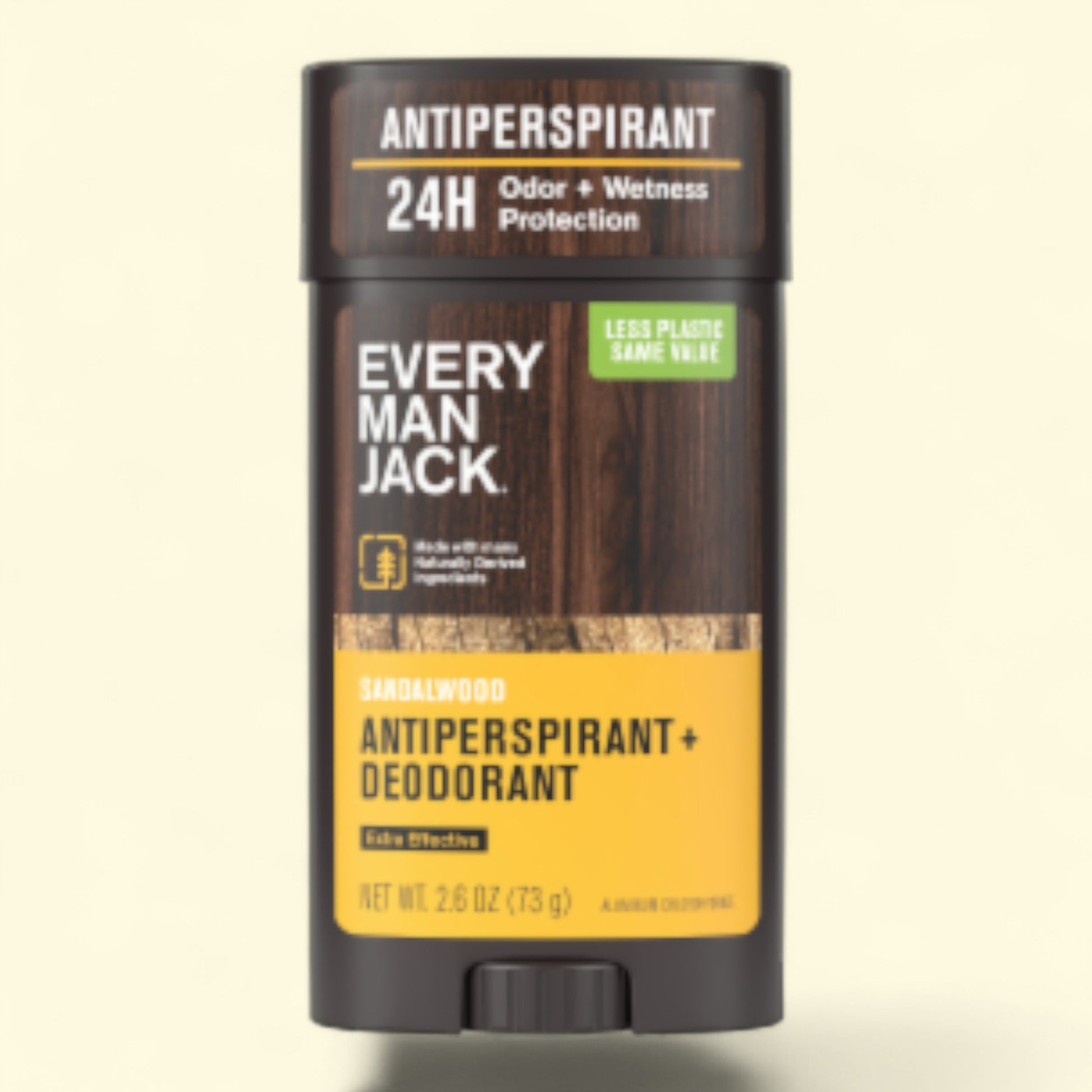 Every Man Jack antiperspirant deodorant stick on a beige background