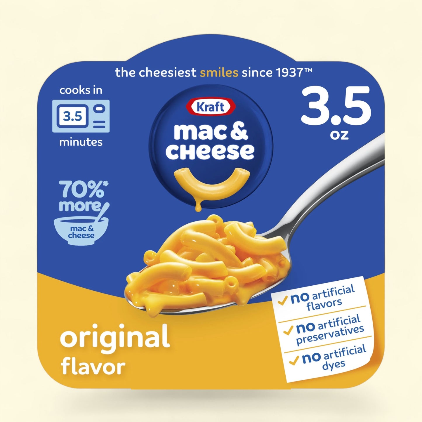 Kraft mac & cheese packaging with blue and yellow design on a beige background