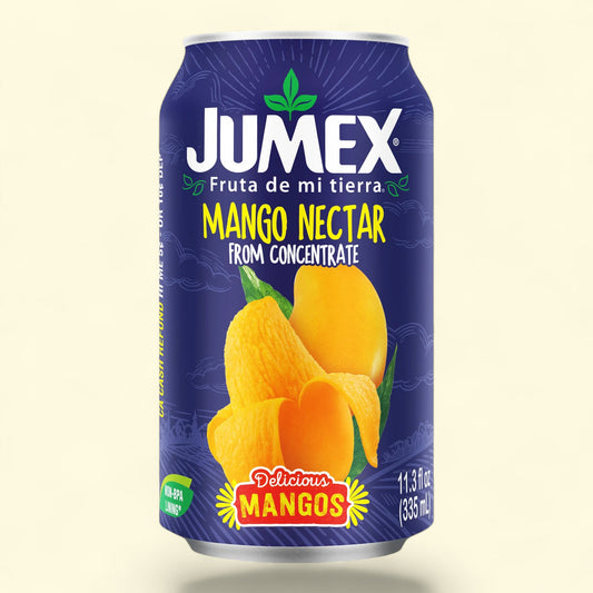 Jumex mango nectar can on a light beige background