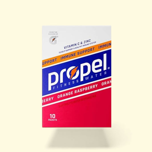 Box of Propel Fitness Water packets on a beige background