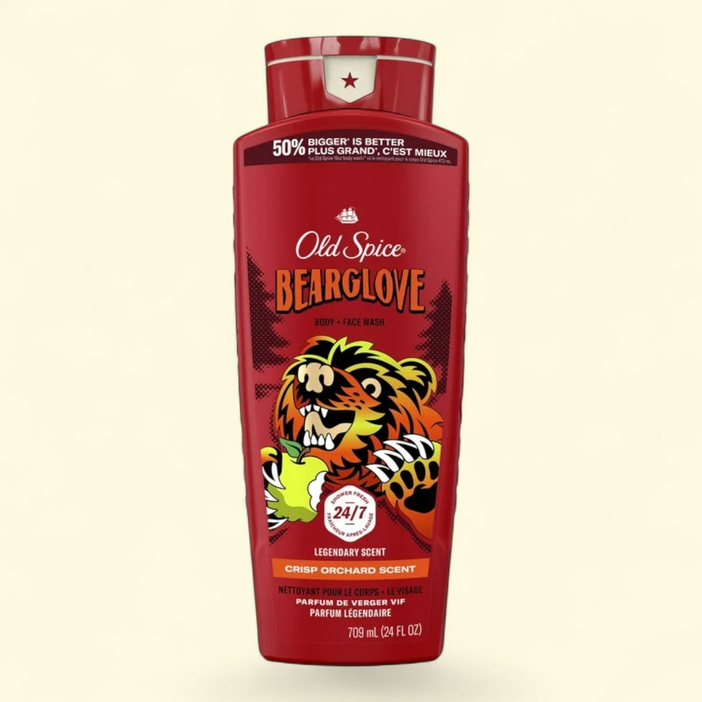 Old Spice Bearglove body wash bottle on a beige background
