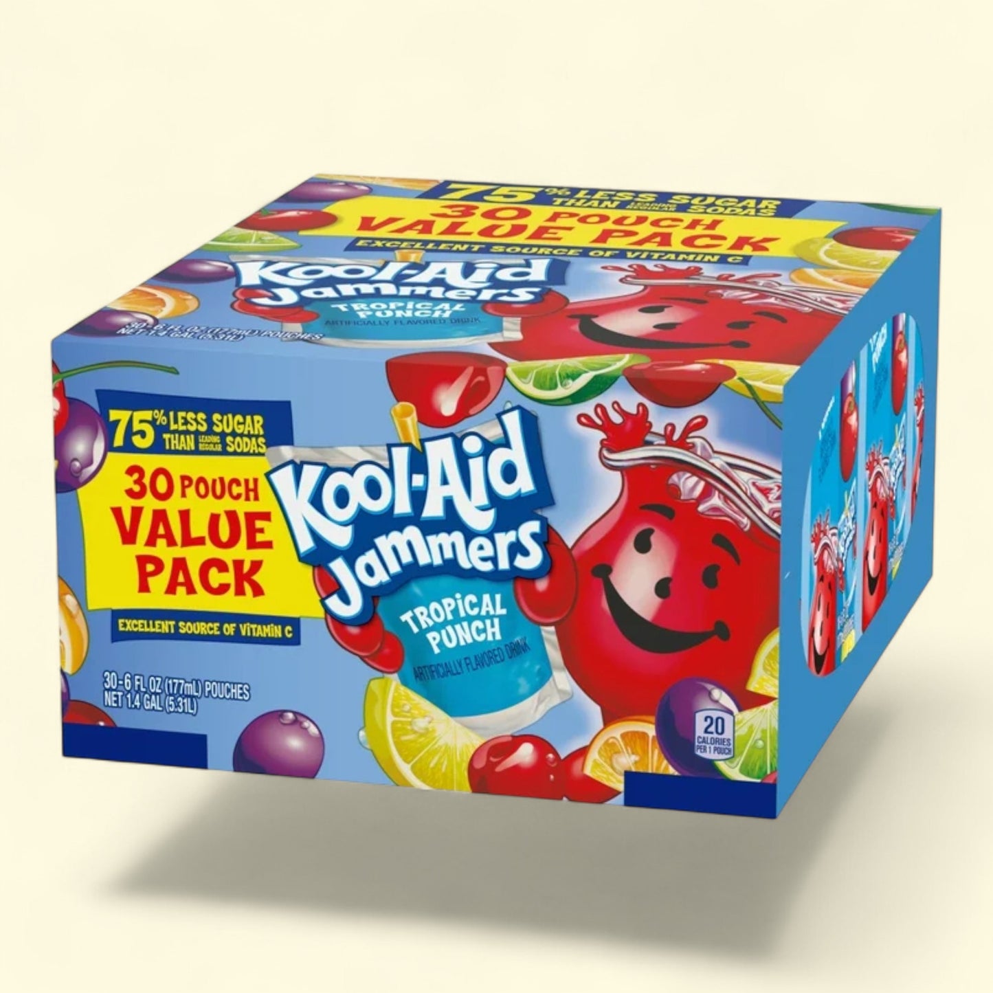 Box of Kool-Aid Jammers Tropical Punch on a beige background
