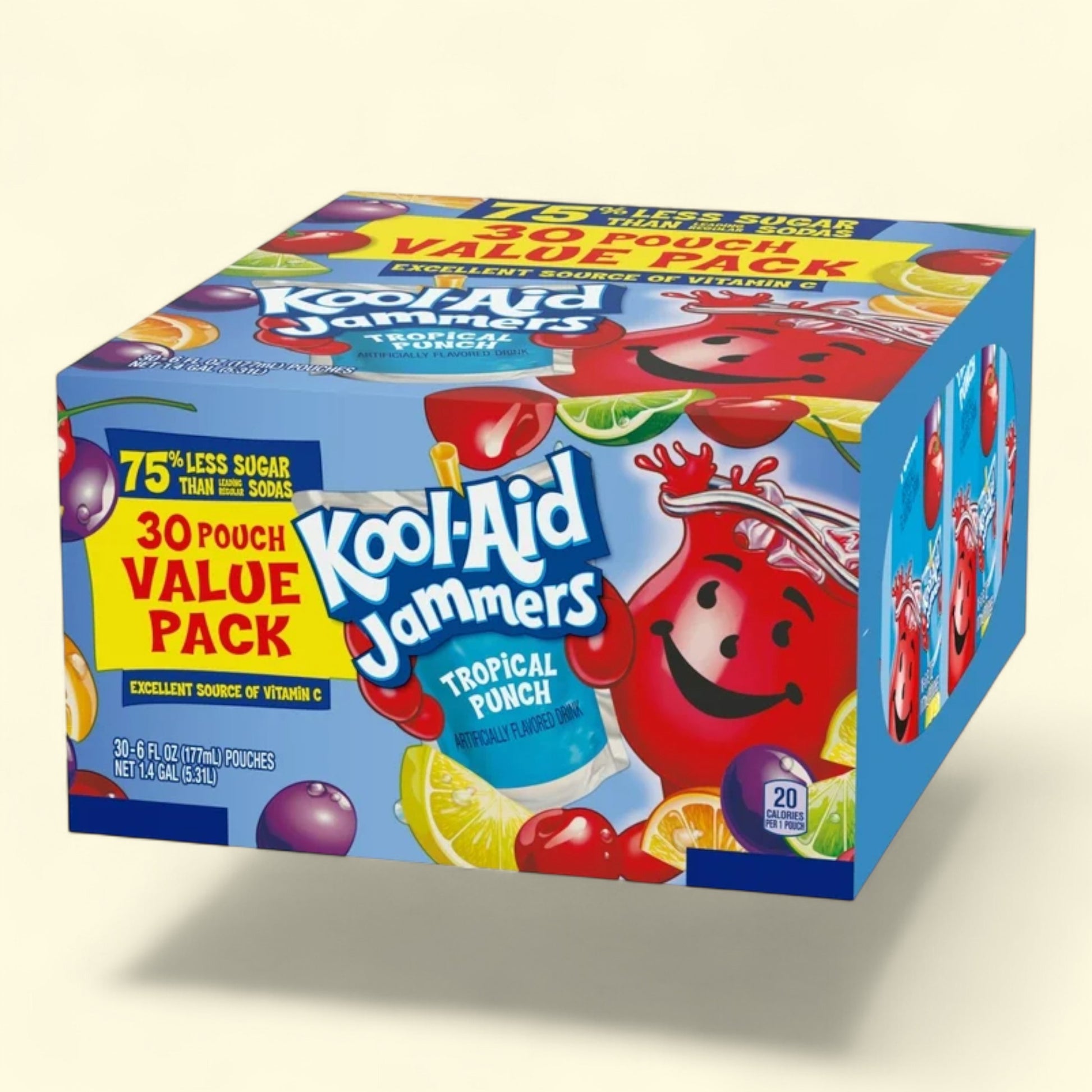 Box of Kool-Aid Jammers Tropical Punch on a beige background