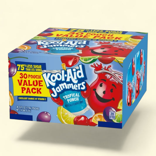 Box of Kool-Aid Jammers Tropical Punch on a beige background