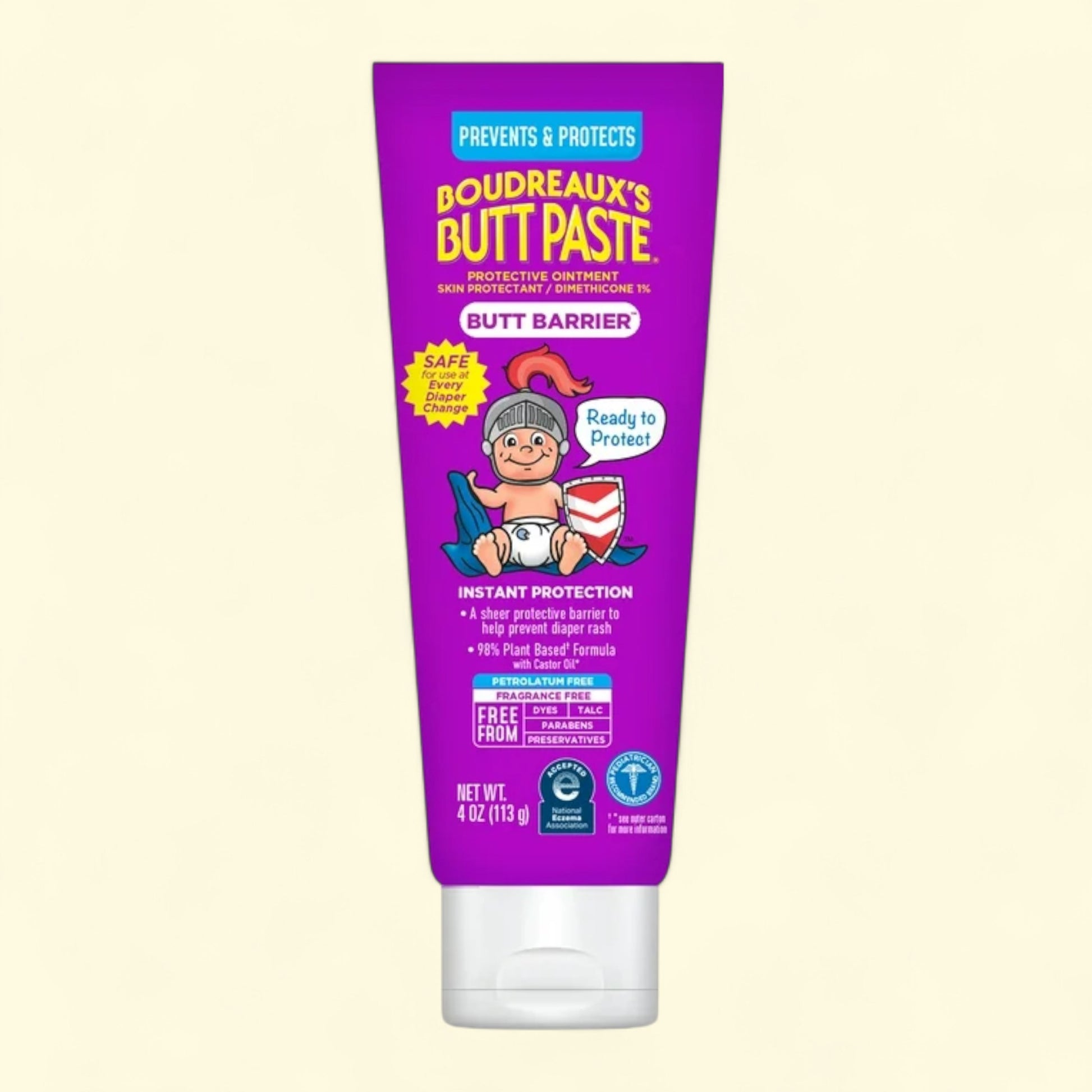 Purple tube of Boudreaux's Butt Paste on a beige background