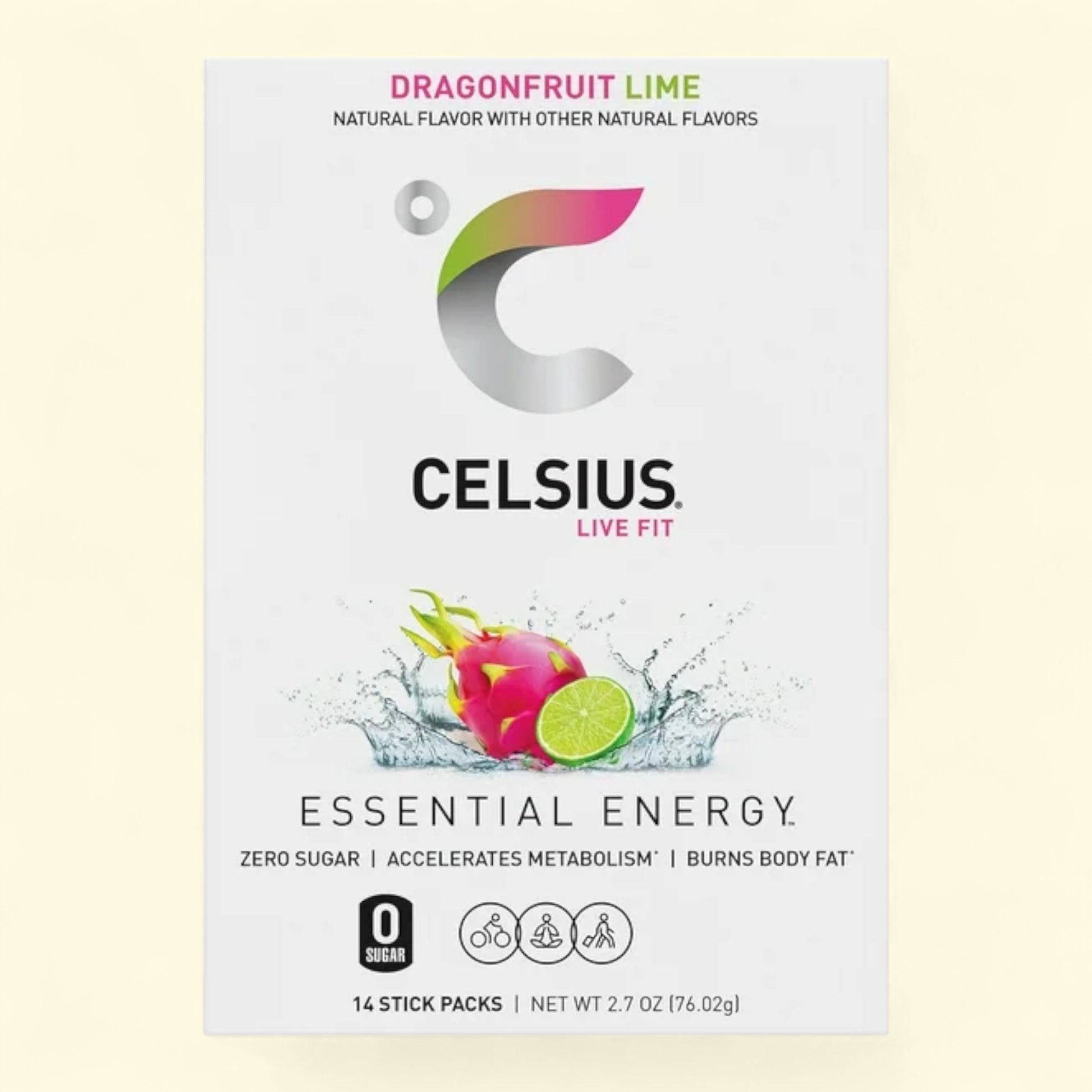 Celsius Essential Energy package with dragonfruit and lime on a light yellow background