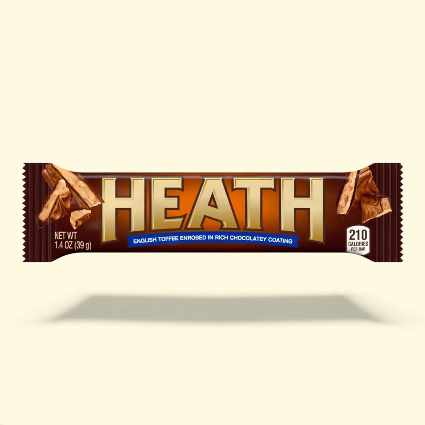 Heath chocolate bar packaging on a beige background