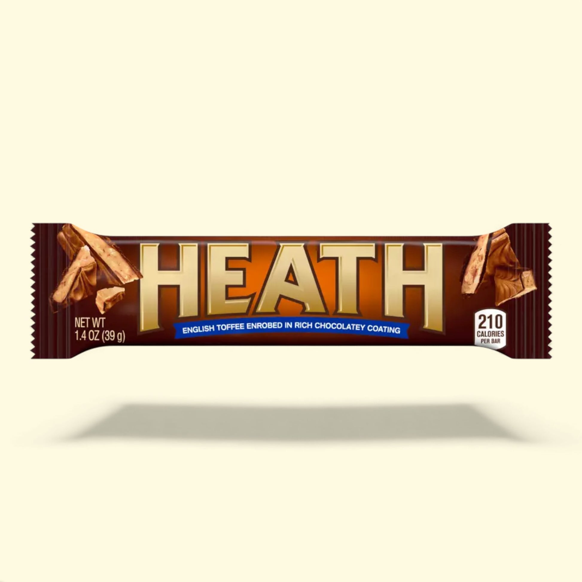 Heath chocolate bar packaging on a beige background