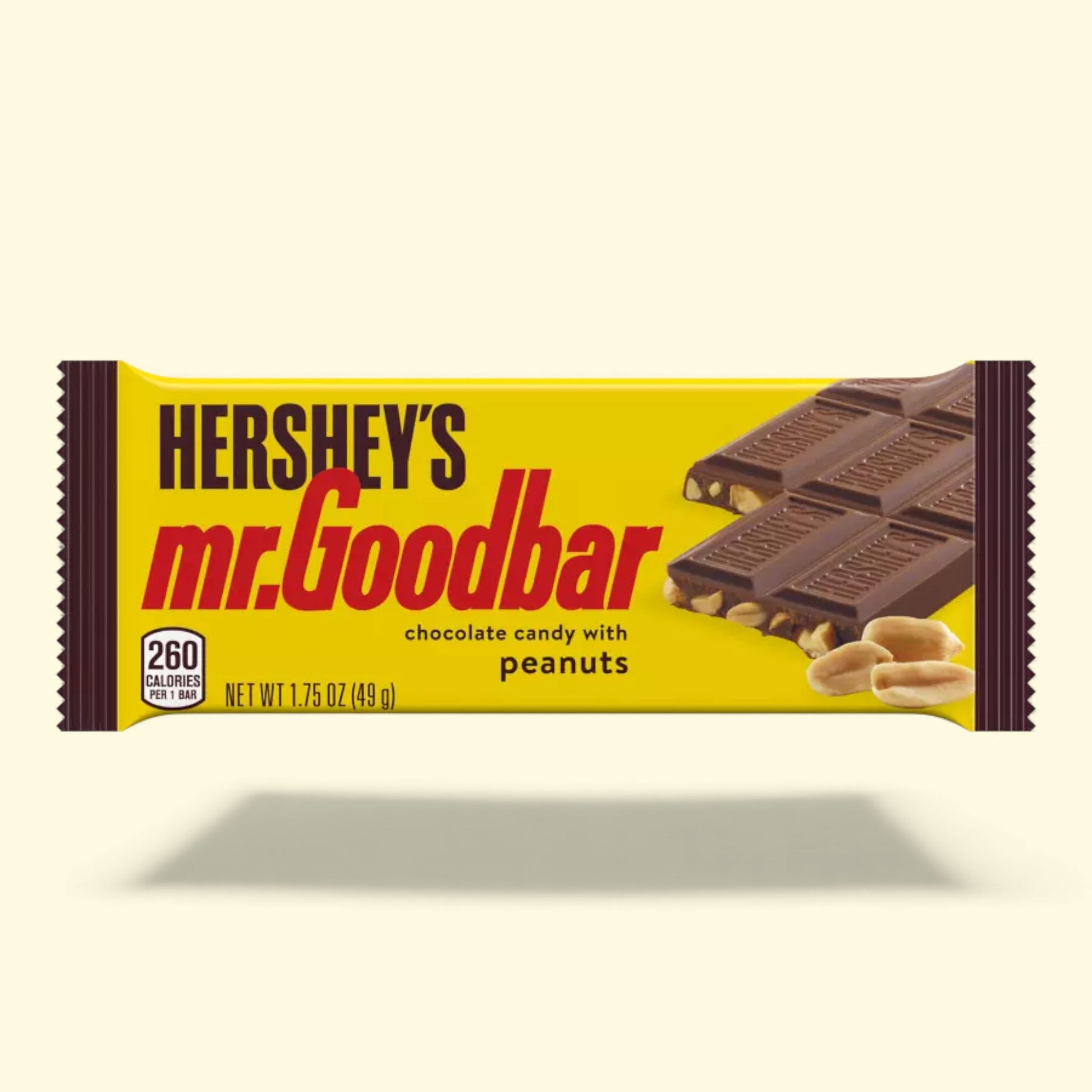 Hershey's Mr. Goodbar chocolate candy bar packaging on a beige background