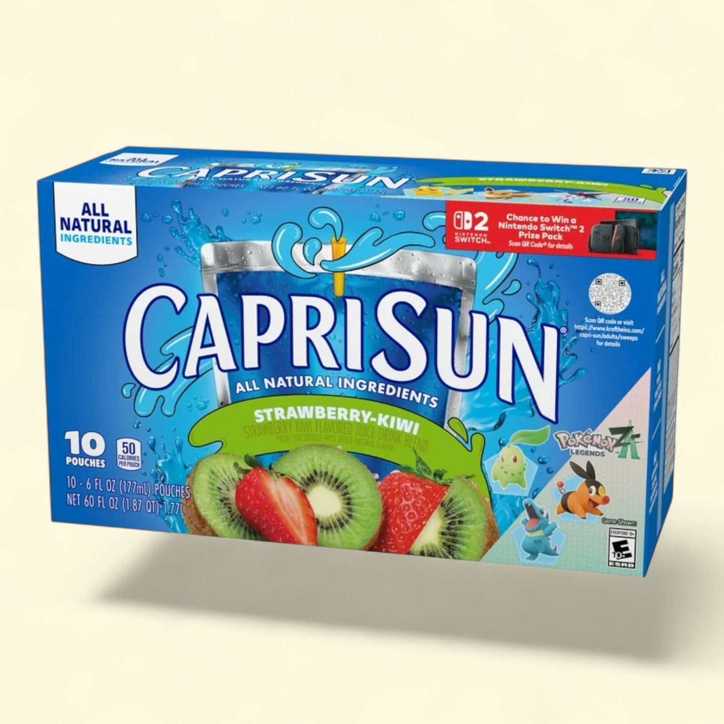 Caprisun strawberry-kiwi juice box packaging on a beige background