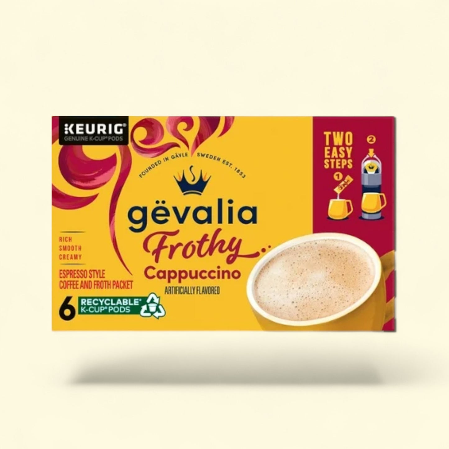 Gevalia Frothy Cappuccino Keurig coffee pod box on a light beige background