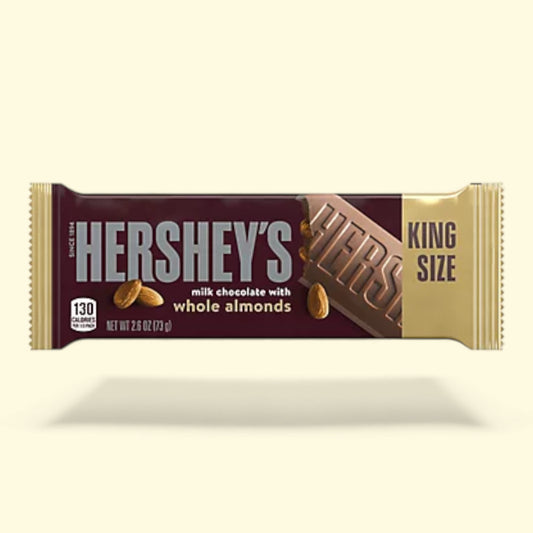 Hershey's chocolate bar with whole almonds packaging on a beige background